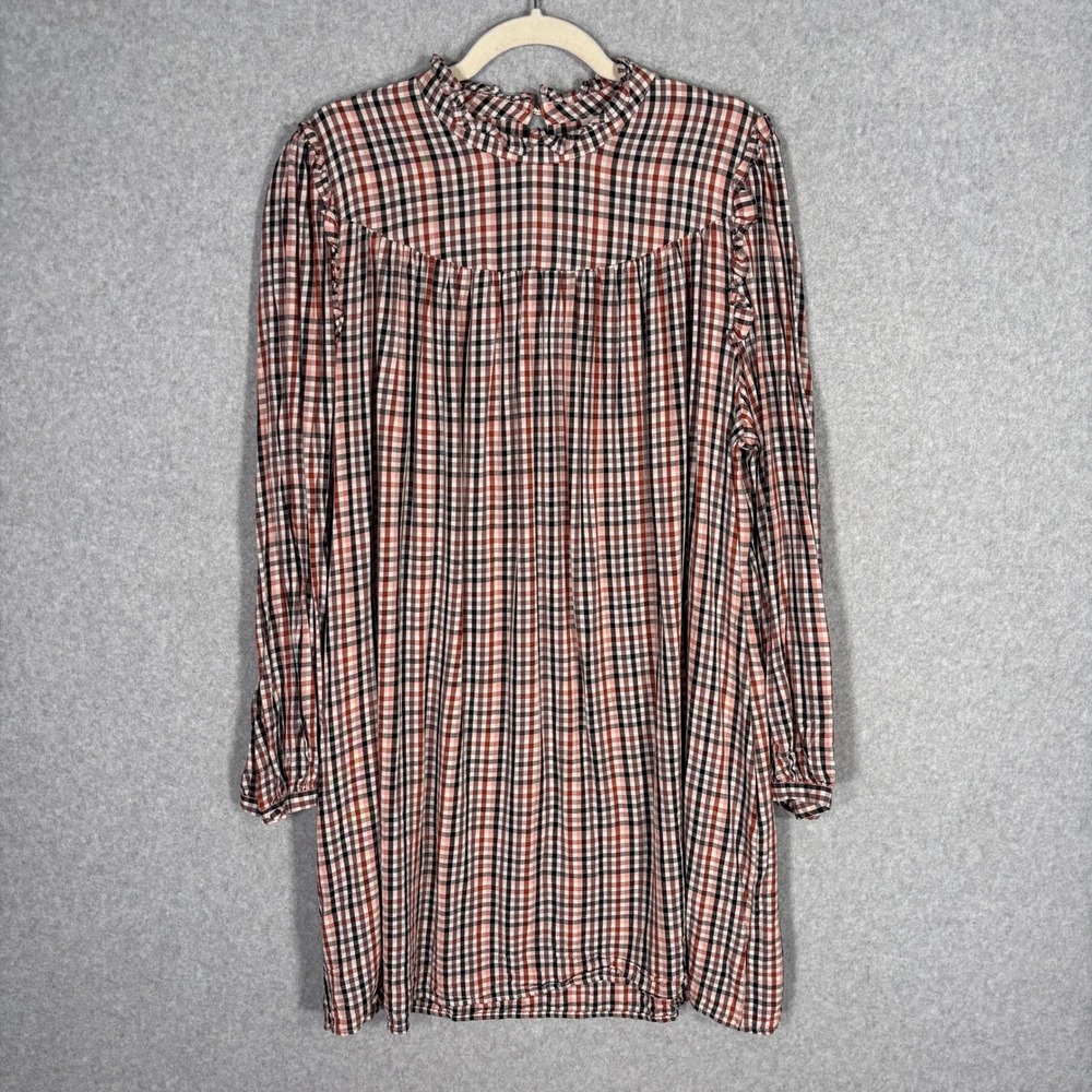 Gingham Ruffle Mini Dress XXL Plaid Check Ruffle High Mock Neck Cottage Prairie‎